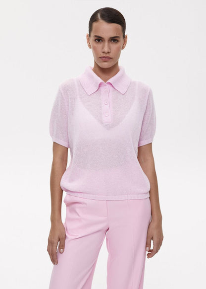 Luna Textured Knit Polo Top – Soft Pink Button-Up Tee