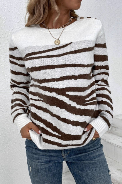 Zebra Colorblock Button Shoulder Sweater