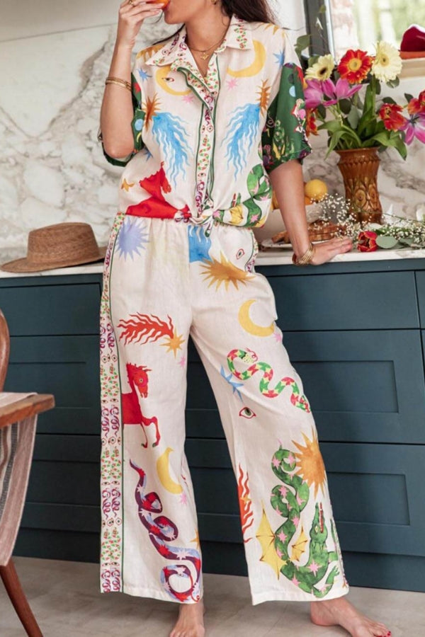 Conjunto de camisa holgada de manga corta y pantalón con cintura elástica con estampado único de belleza bohemia