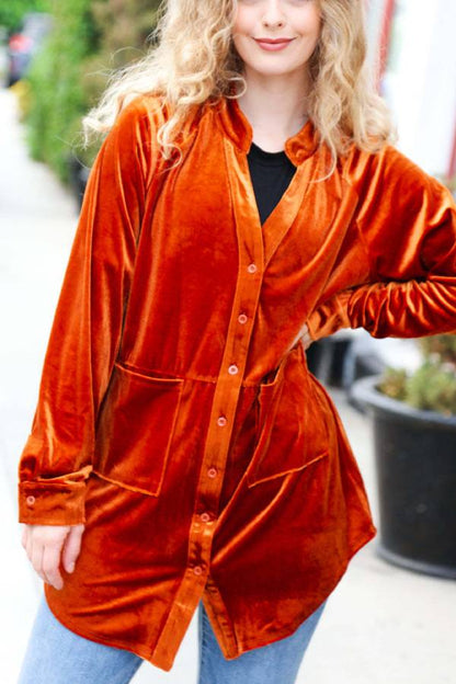 Rust Velvet Button Down Tunic Top