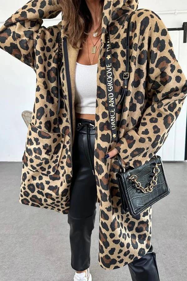 Fall Dreaming Animal Print Zipper Pocket Loose Hooded Midi Coat