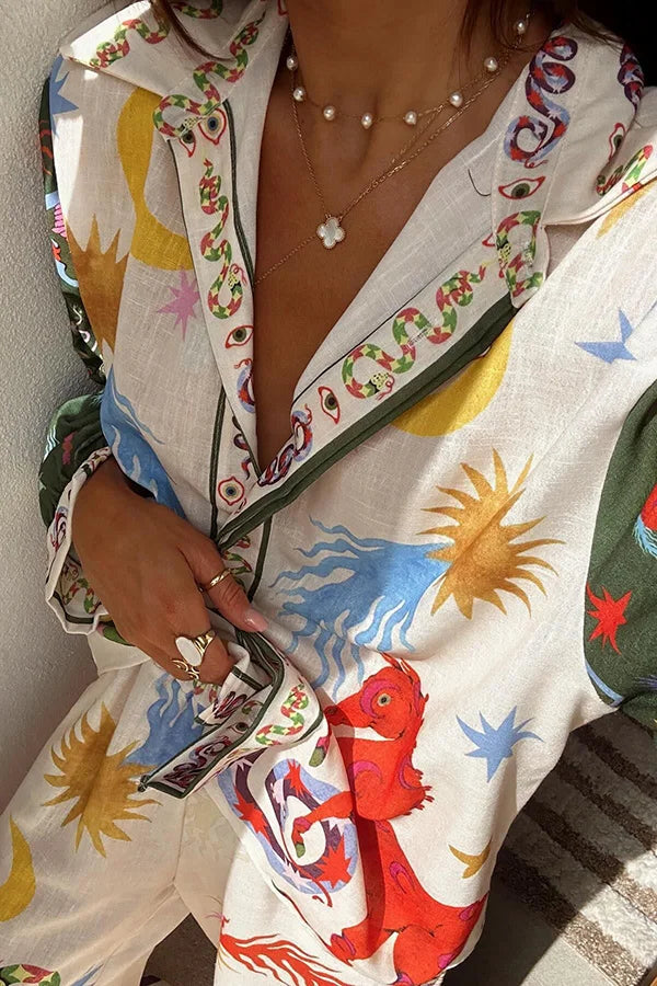 Conjunto de camisa holgada de manga larga y pantalones con cintura elástica con estampado único de belleza bohemia