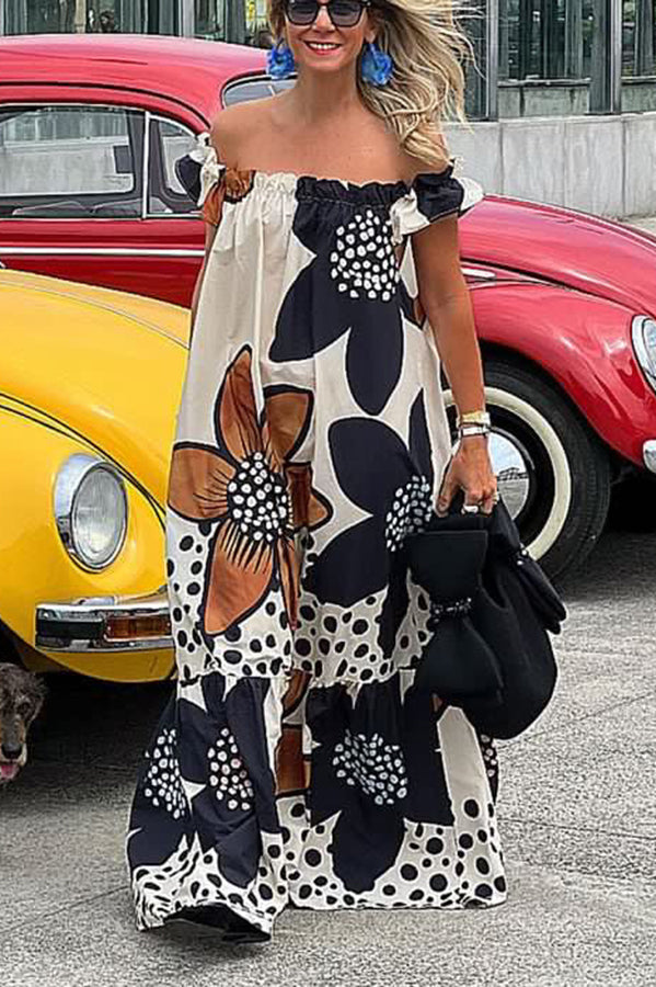 Vestido largo de lino con estampado floral y hombros descubiertos, corte A y bolsillos, temporada Bloom 