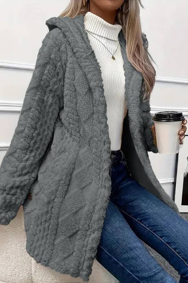 Abrigo de felpa con capucha y botones en la parte delantera con estampado texturizado de rombos