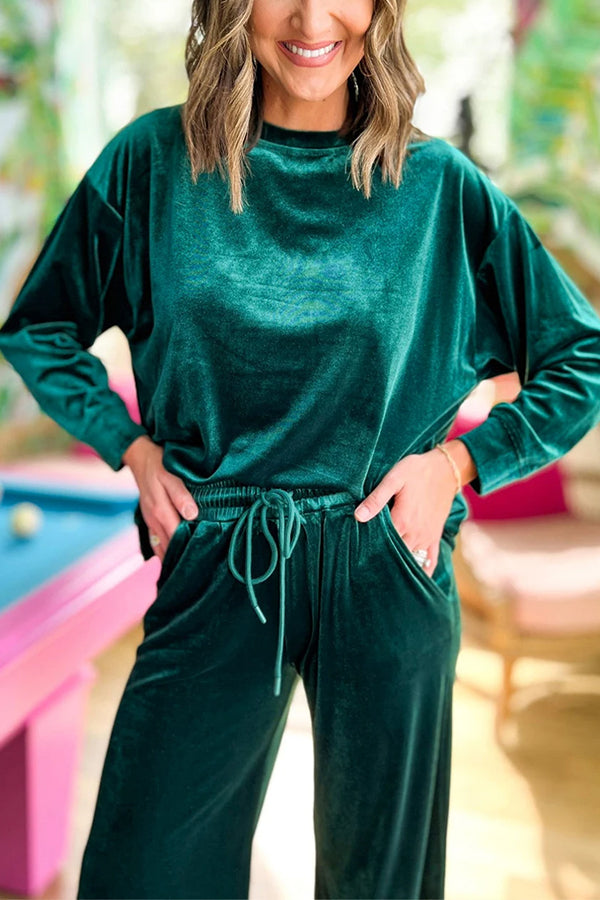 Conjunto de top de manga larga y pantalón ancho de terciopelo verde negruzco