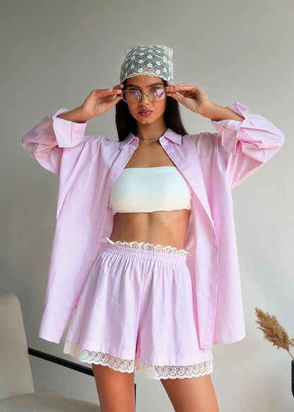 Pink Pinstripe Oversized Shirt & Lace-Trim Shorts Set – 2-Piece Women’s Outfit
