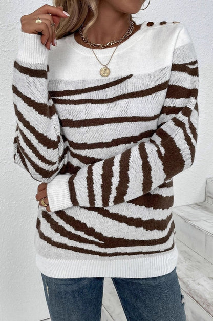 Zebra Colorblock Button Shoulder Sweater