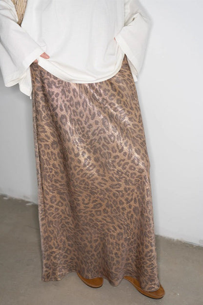 Glossy Straight Leopard Midi Skirt