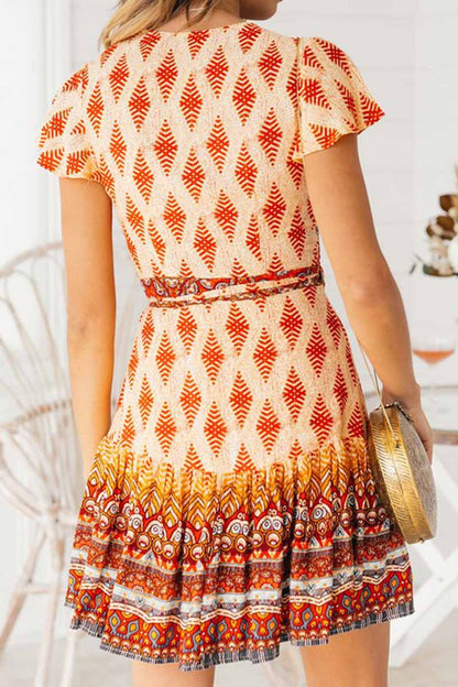 Spring And Summer Fashion Retro V-Neck Print Short Sleeves Mini Dress