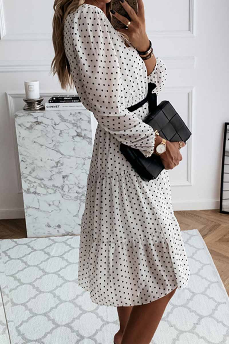 Elegant Dot Print Round Neck Tie Midi Dress