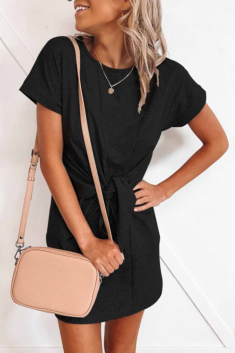 Minivestido de manga corta con lazo suelto en color liso (6 colores)