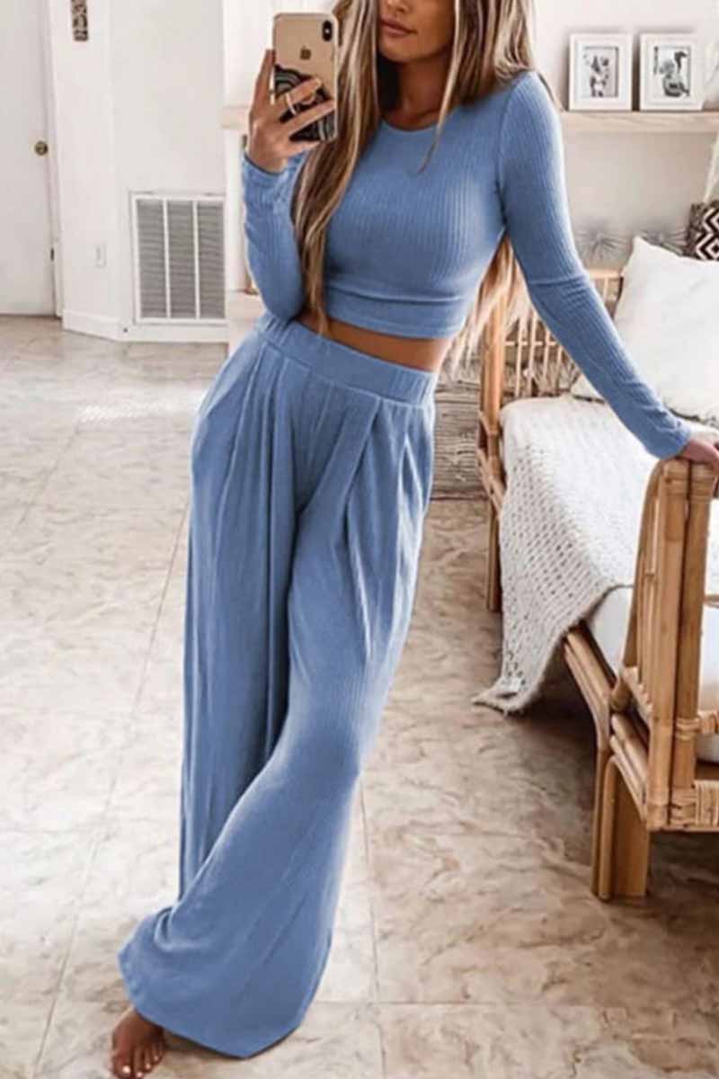 Two-Piece Round Neck Solid Color Long Sleeves Wide Legs(4 Colors)