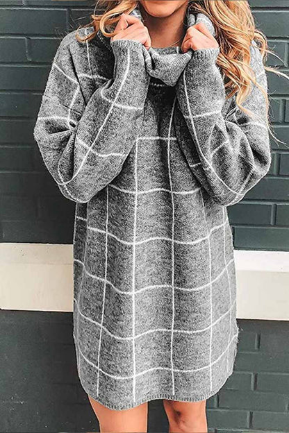 High Collar Plaid Loose Mini Dress(3 Colors)