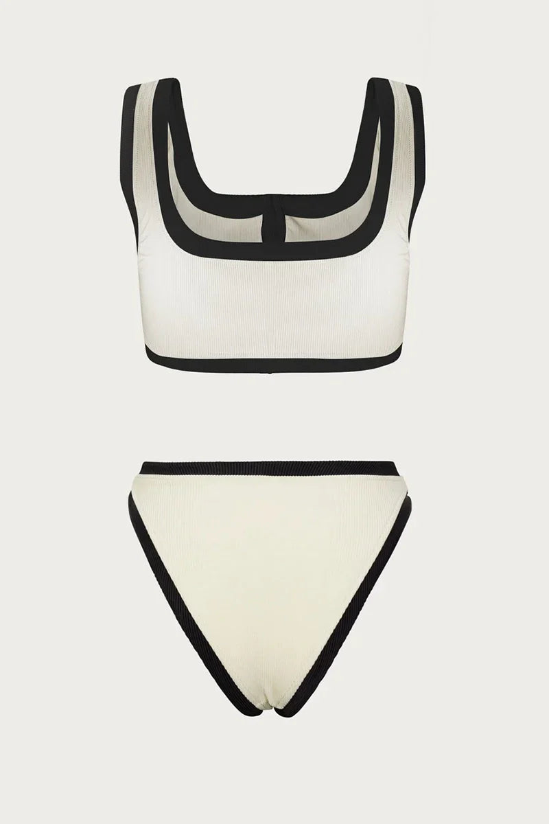 Elegant Contrast Button Detail Two-Piece Swimsuit