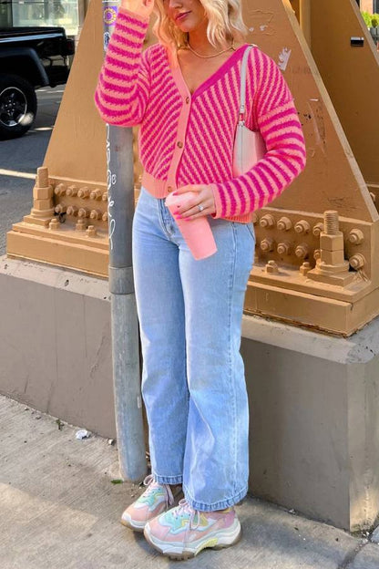 Pink Striped Buttoned V Neck Drop Shoulder Cardigan