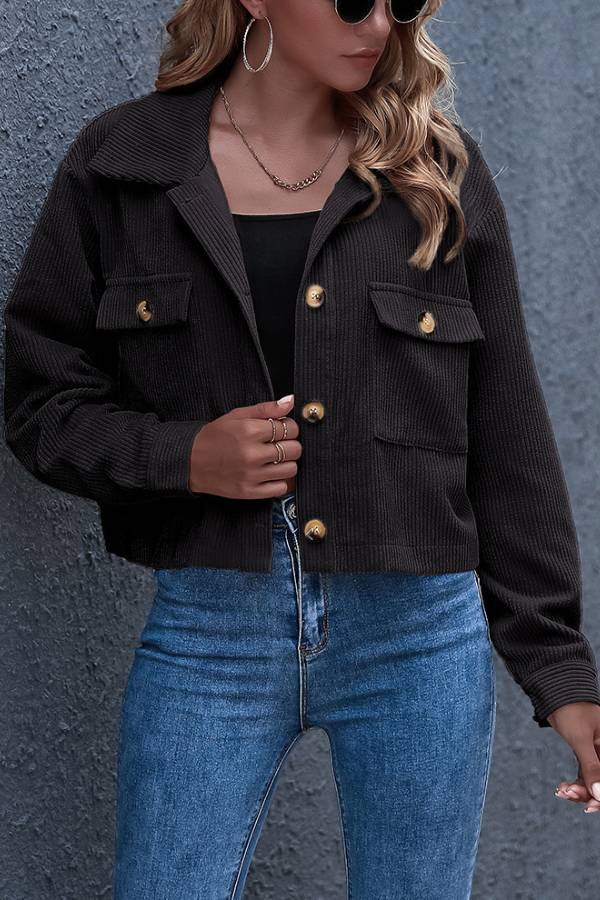 Flap Pockets Turn Down Collar Corduroy Shacket