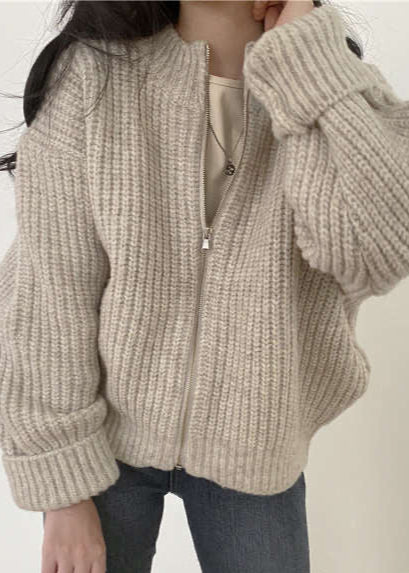 Cozy Zip-Up Chunky Knit Cardigan - Oversized Ribbed Sweater Jacket