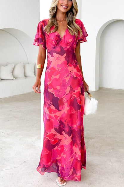 Abstract Print Short Sleeve Belted Wrap Midi Dress