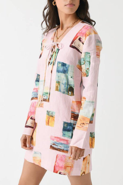 Coastal Cove Linen Blend Unique Print Tie-up Neck Long Sleeve Loose Mini Dress