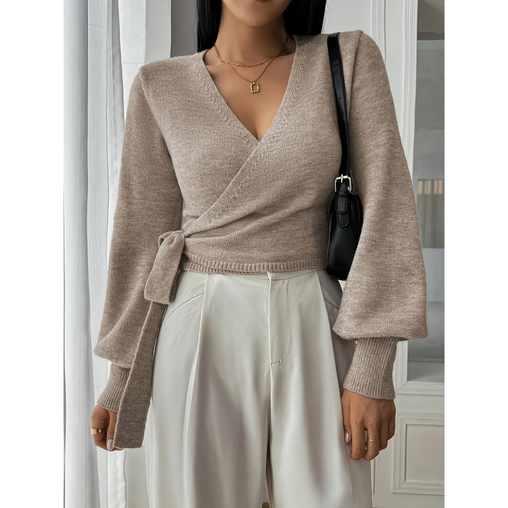 Beige Wrap Knit Sweater with Long Sleeves for Women - Clara