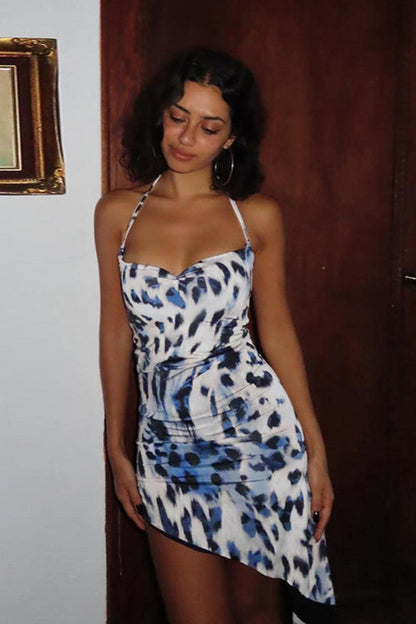 Asymmetrical Leopard Bodycon Halter Midi Dress