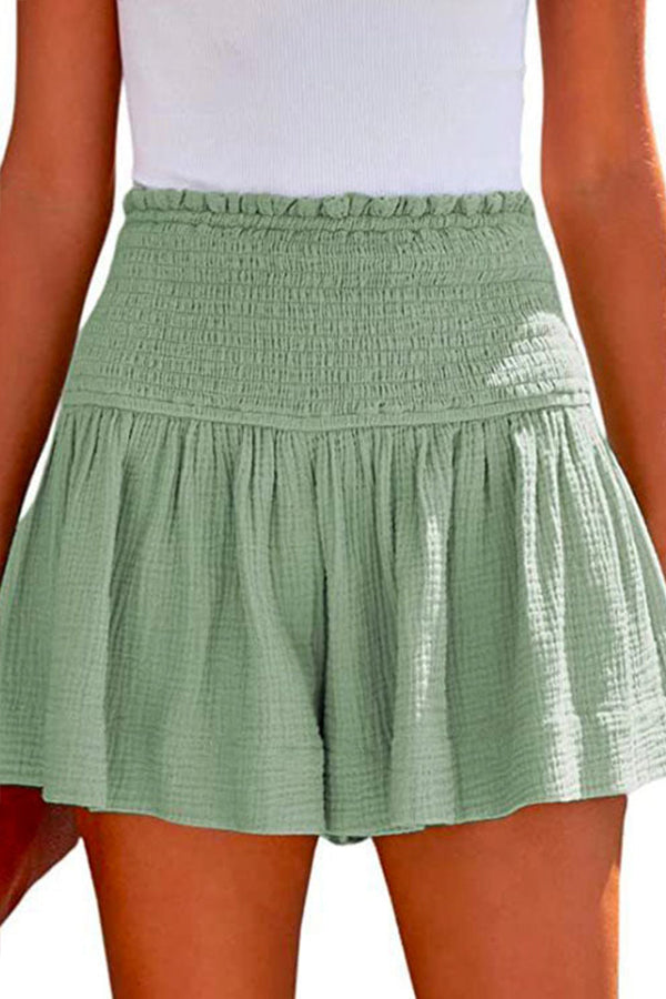 Elastic Smocked Waist Wide Leg Solid Shorts