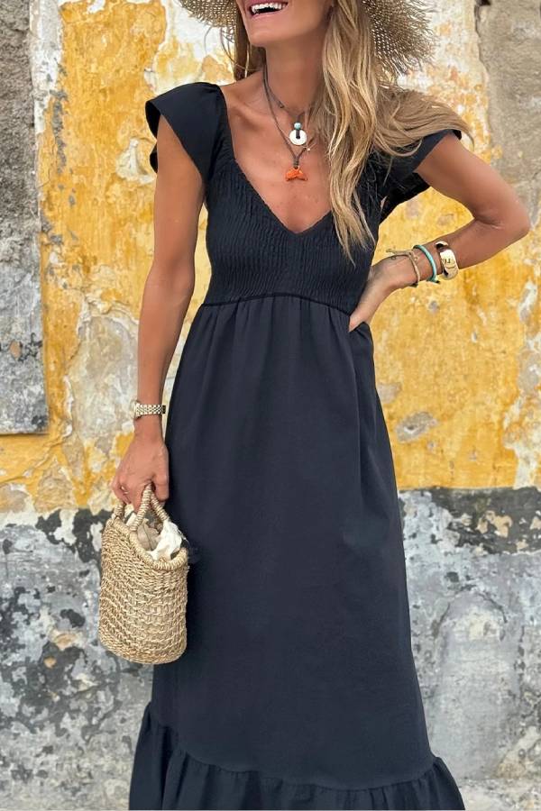 Black V Neck Flutter Sleeve Smocked Bodice High Waist Ruffle Maxi Dress