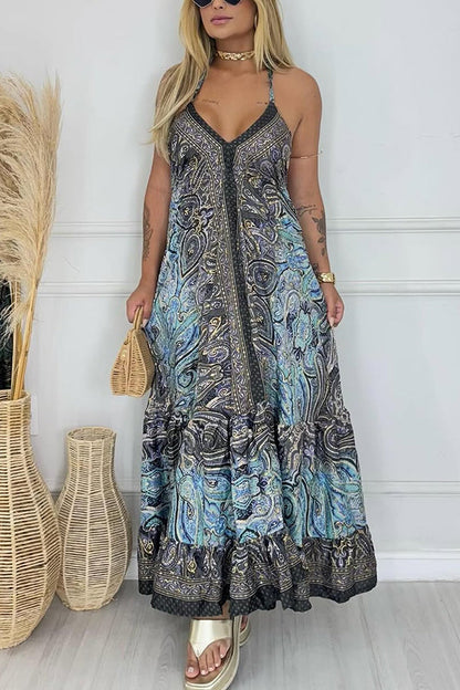 Bohemian Style Unique Print V-neck Suspender Holiday Maxi Dress