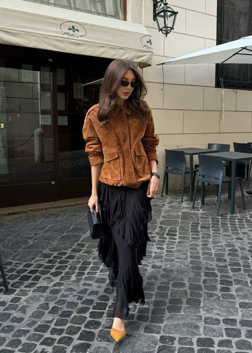 Suede-Effect Oversized Jacket with Front Pockets – Brown