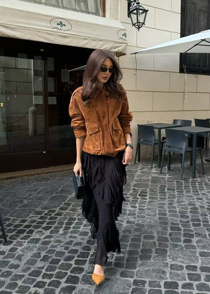 Suede-Effect Oversized Jacket with Front Pockets – Brown