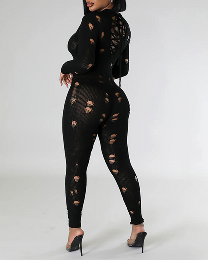 Long-Sleeved Knitted Holes In Slimming Jumpsuits
