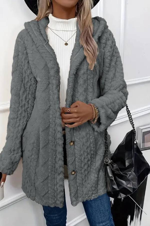 Abrigo de felpa con capucha y botones en la parte delantera con estampado texturizado de rombos