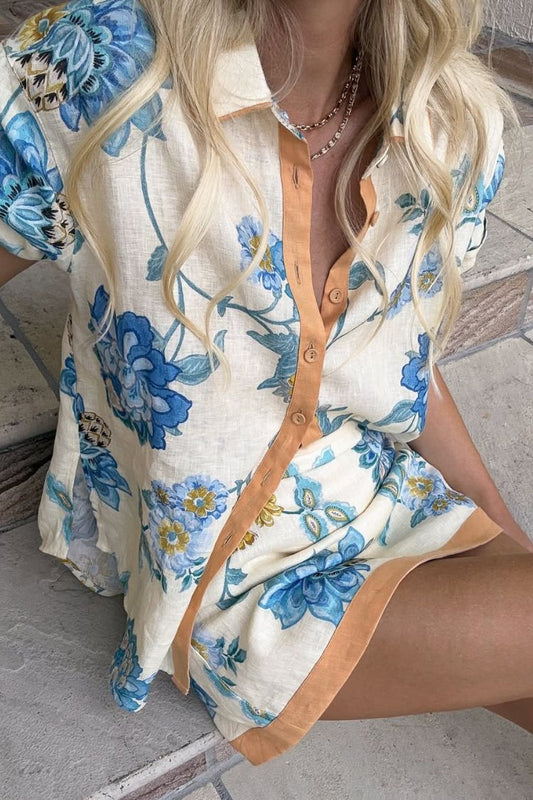 Giselle Linen Blend Floral Print Short Sleeve Shirt and Zipper Mini Skirt Set