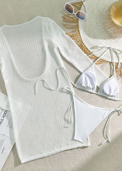 Ocean Drift - White Mesh Knit Beach Dress & Bikini Set