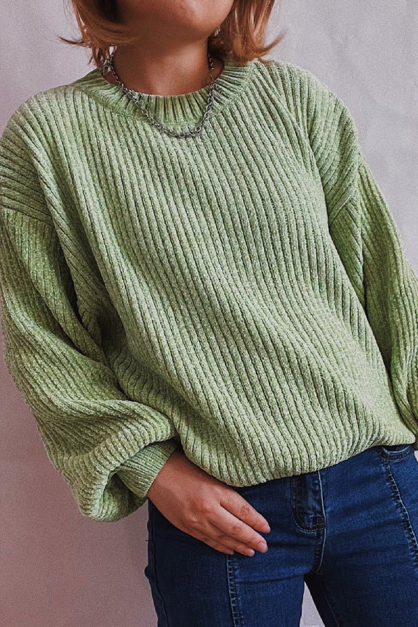 Solid Color Casual Round Neck Lantern Sleeve Short Knitted Sweater