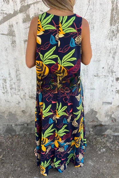 Vestido largo informal holgado con cuello en V y bolsillos y estampado botánico