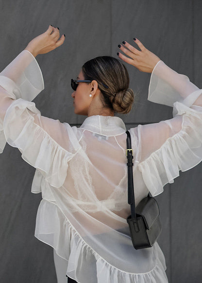 Sierra - Sheer Ruffle Tie-Front Blouse