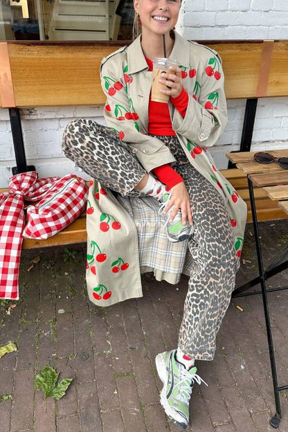 Fashion Fruit Print Long Coat Cherry Trench Coat