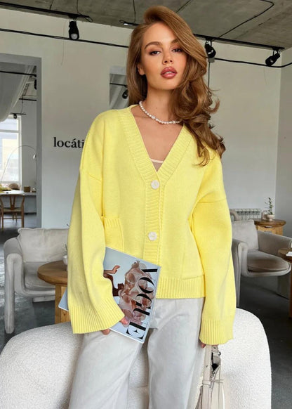 Bright Yellow Oversized Cardigan - Women’s V-Neck Knit Sweater