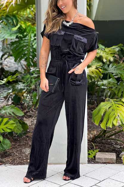 BLACK OFF SHOULDER VELVET JUMPSUIT