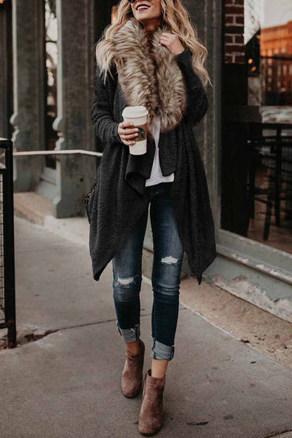 Casual Fur Collar Cardigan Plush Trench Coat