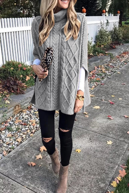 High Neck Loose Cable Knit Pattern Stitching Sweater (7 Colors)