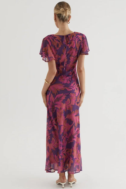 Abstract Print Short Sleeve Belted Wrap Midi Dress