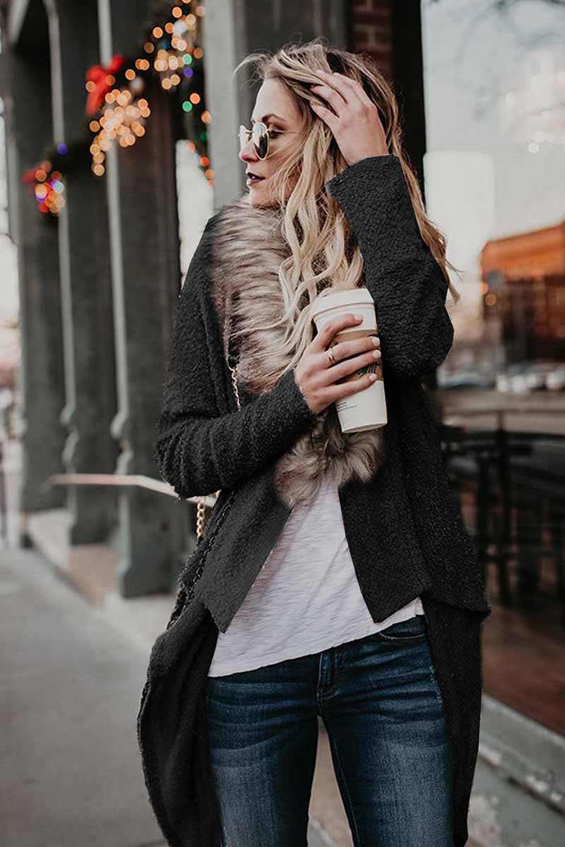 Casual Fur Collar Cardigan Plush Trench Coat