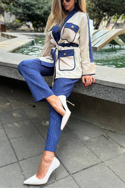 Halston Patchwork Drawstring Flap Pocket Top and Striped Elastic Waist Loose Pants Set