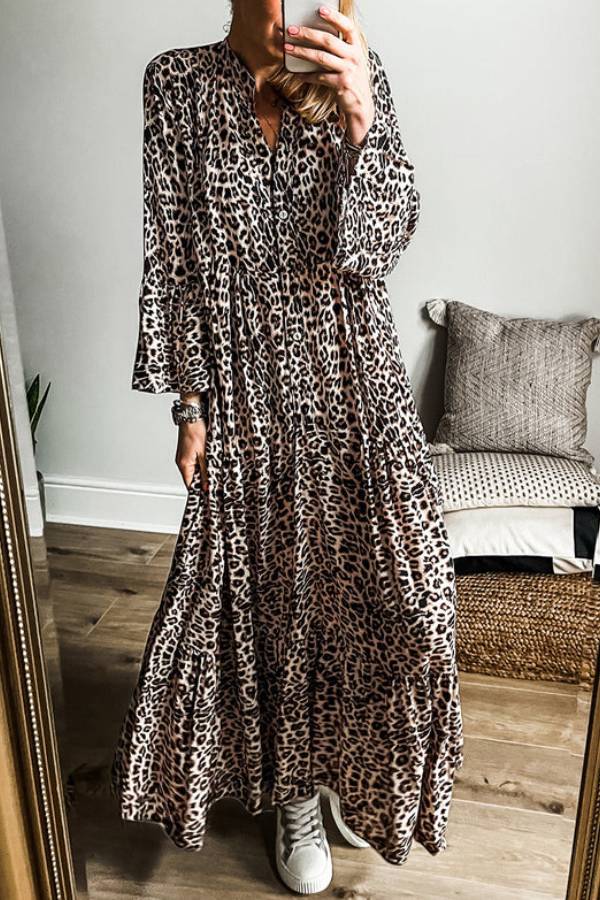 Apricot Leopard Print Tiered Wide Sleeve Maxi Dress