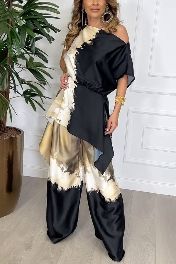 Conjunto de top irregular de manga ancha con estampado único de satén Bellen y pantalones anchos con cintura elástica