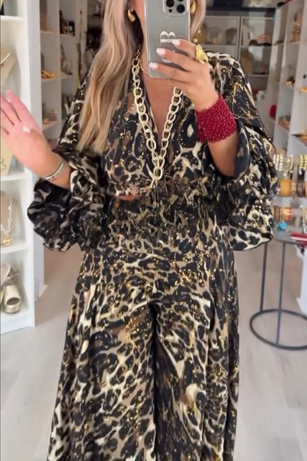 Gold Foil Leopard Print Balloon Sleeve Twist Top and High Rise Elastic Waist Oversized Flare Pants Set
