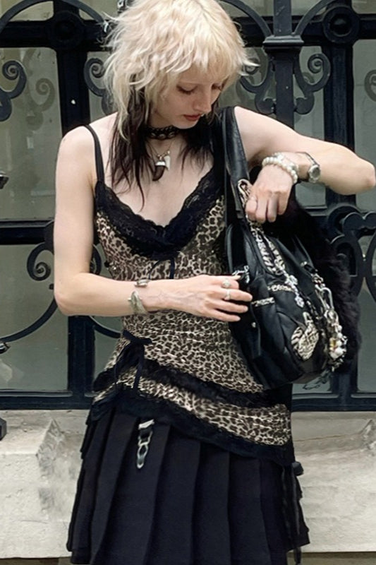 Trendy Asymmetrical Lace Leopard Print Blouse