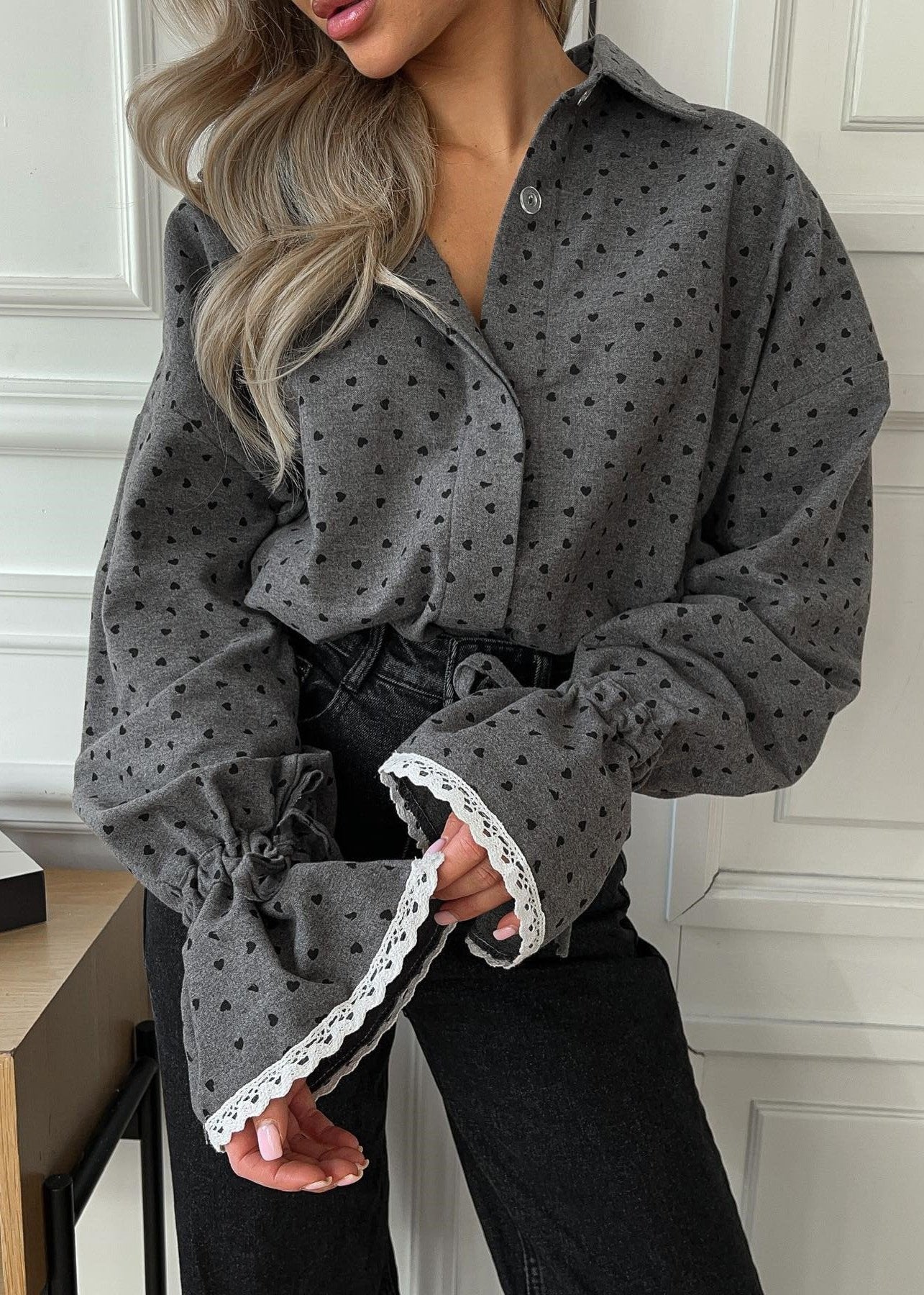 Romantic Heart Print Lace Cuff Shirt